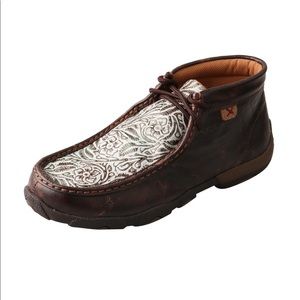 Twisted X Brown Leather Moccasin with White Floral Inlay